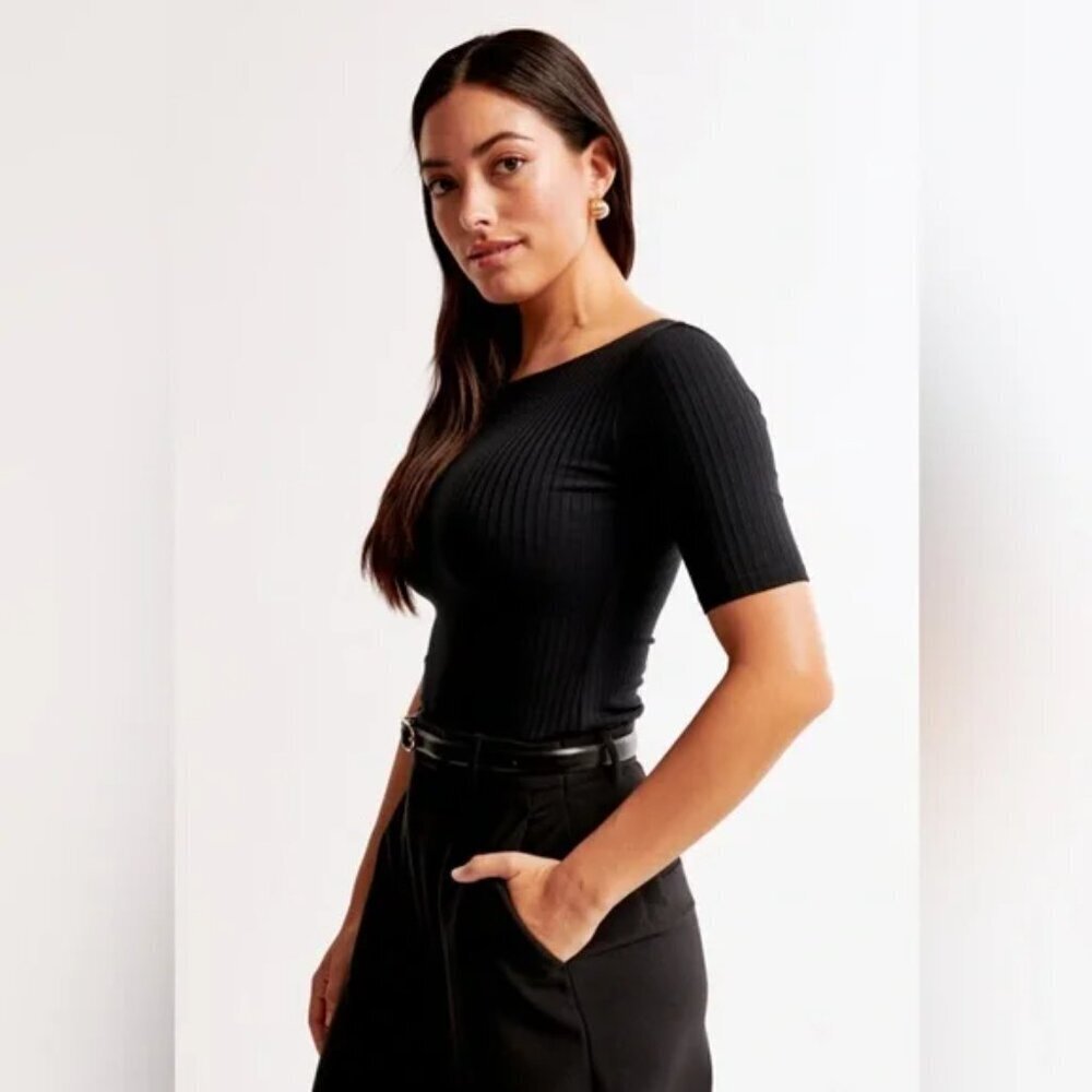 Half-Sleeve Wide Rib Boatneck Top